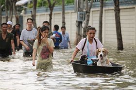 ペットとともに避難するバンコク市民（c）時事