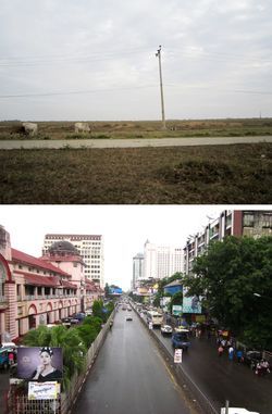 日本が開発する予定のティラワ経済特区の開発候補地（上）とヤンゴンの街並み[日本貿易振興機構提供］（c）時事