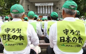  TPPに反対するJAグループの緊急集会に臨む参加者ら＝5月14日午後、東京都千代田区の日比谷野外音楽堂 （C）時事