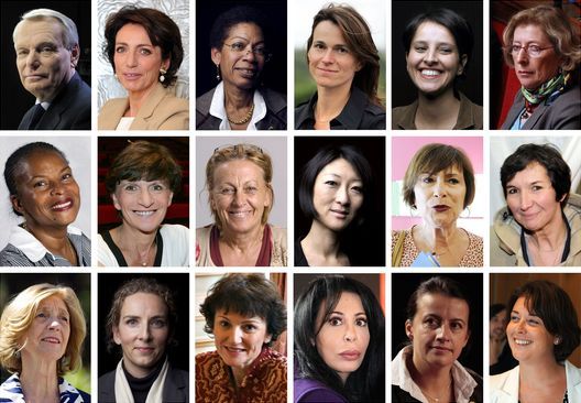 オランド新政権で首相に就任したエロー氏と17人の女性閣僚(c)AFP=時事
【上段左から】エロー首相、トゥーレーヌ社会保健相、ポー=ランジュヴァン教育達成担当相、フィリペティ文化通信相、ヴァロー=ベルカセム女性権利相兼政府報道官、フィオラゾ高等教育研究相
【中段】トビラ法相、ドロネ高齢者担当相、ルブランシュ国家改革相、ペルラン中小企業担当相、カルロティ障害者担当相、フールネロン体育相
【下段】ブリック環境相、バト司法担当相、ベルティノティ家族問題担当相、ベンギギ在外者仏語圏担当相、デュフロ地域間格差是正住宅相、ピネル手工業商業観光担当相